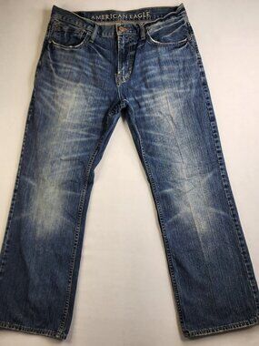 American Eagle Men 34x30 Original Bootcut Jeans Blue Dark Wash Stretch Whiskered